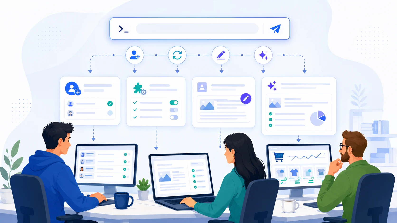 Three colleagues working on computers with analytics and project management visuals.