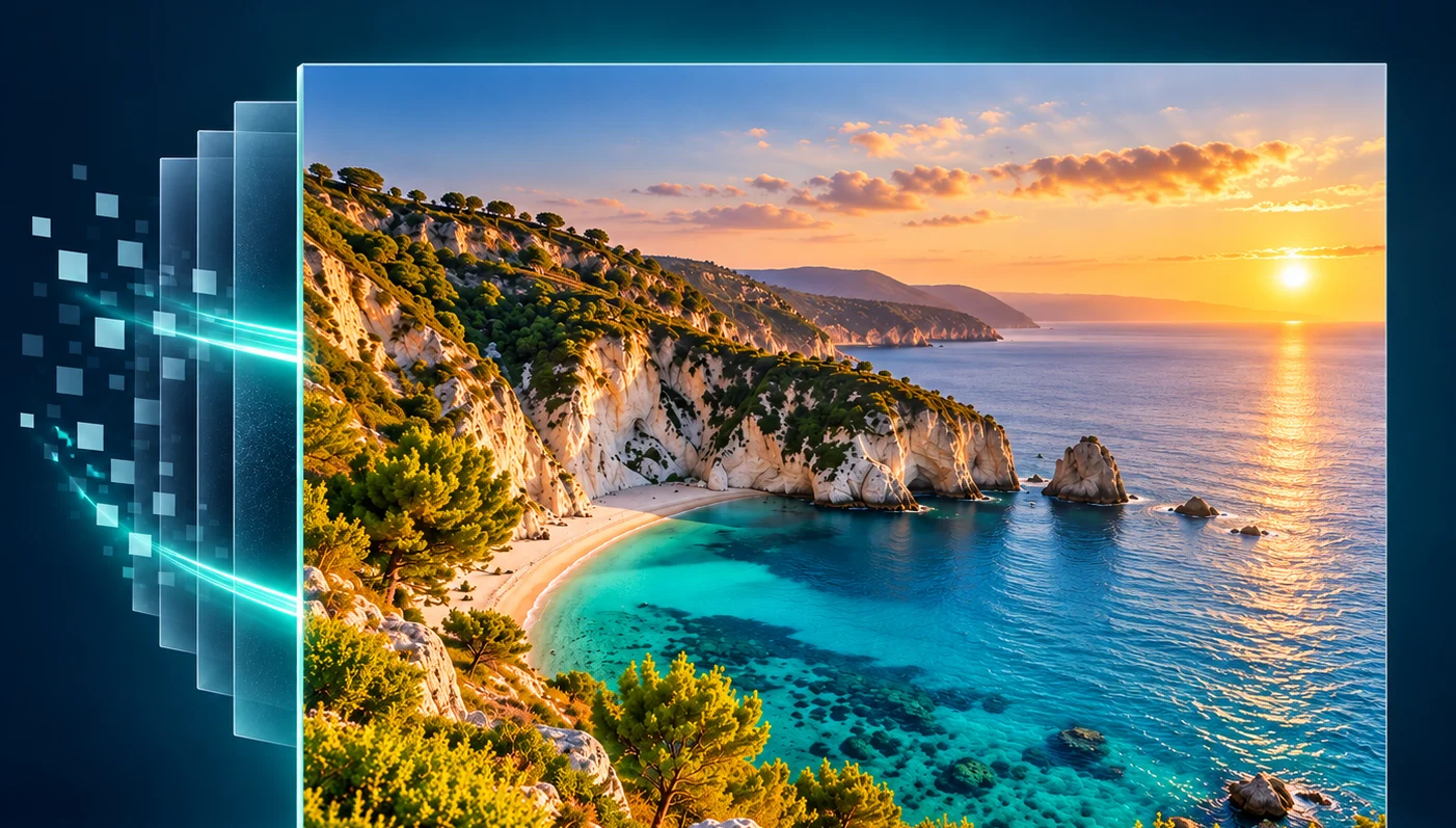Visual representation of optimized media, showing a photo of an island.