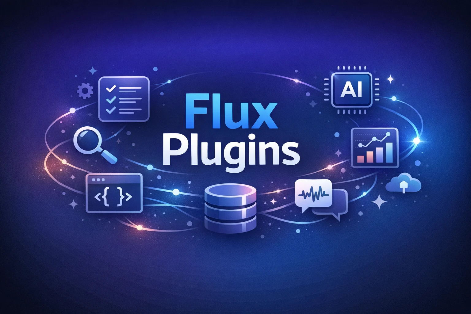 Graphic design featuring Flux Plugins with various tech icons and a cosmic background.