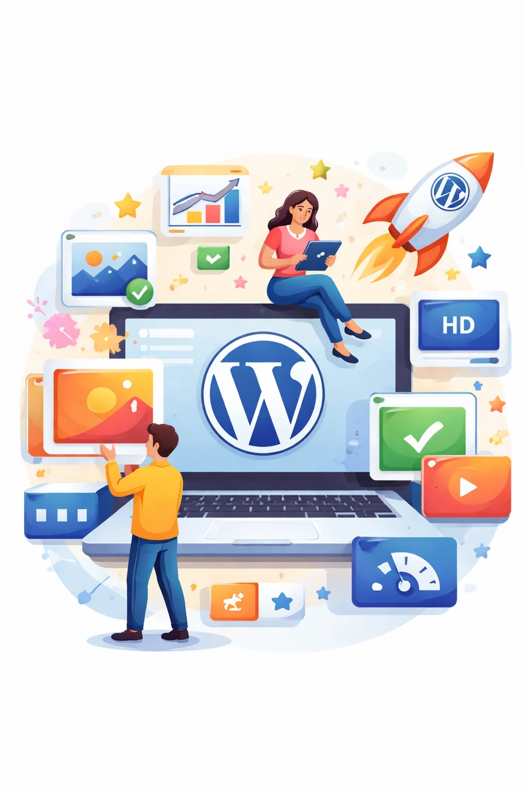 Illustration of WordPress with users interacting with features and icons on a laptop screen.